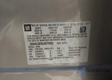 2018 Chevrolet Equinox Lt из США, поврежденный, VIN 3GNAXJEV0JS579955